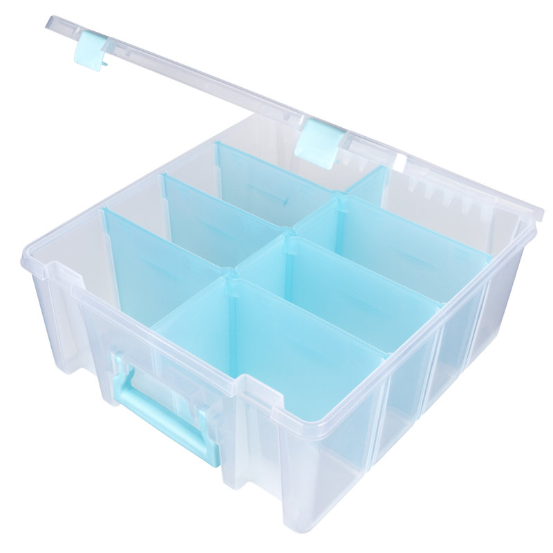 Boîte super en plastique à double profondeur avec séparateur amovible, Clair / bleu, H 6,25 po x l 14 po x P 15,25 po