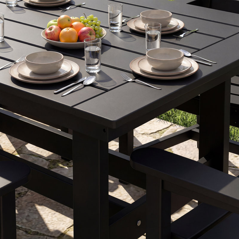  Ensemble de salle à manger 7 pièces en PEHD toutes saisons avec table de l 70,9 po, 6 fauteuils et trou pour parasol, Noir