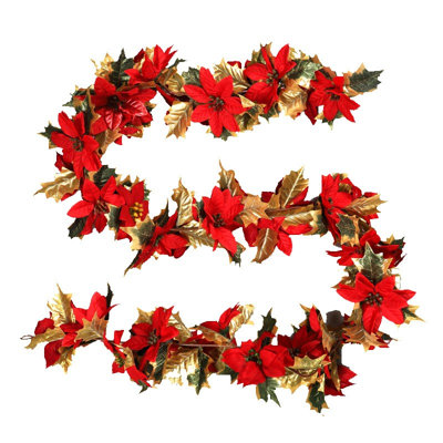  5.9 FT Christmas Garland Artificial Christmas Garland with Holly Leaves Poinsettia Xmas Garland for Fireplace Mantle Stairecase Indoor Outdoor