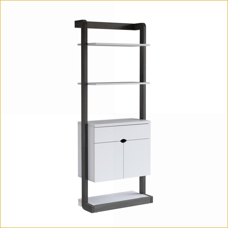 Bibliothèque, contemporain, 4 tablettes ouvertes avec 1 tiroir et amp; 2 armoires | Blanc et blanc Gris clair | Panneau de particules
