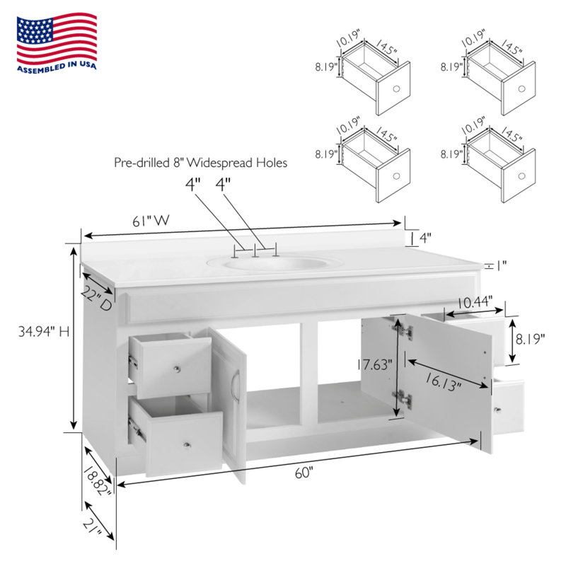 Concord 61 Inch Bathroom Vanity with Cultured Marble Top, Assembled, White