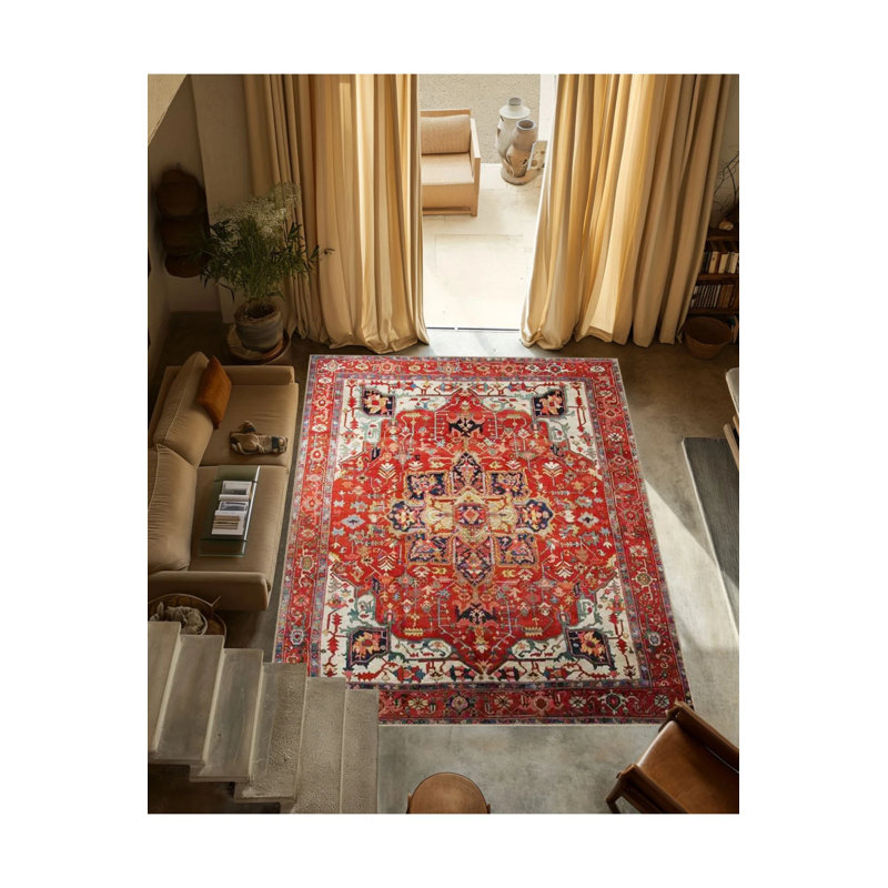 Red Themed Traditional Motif Ethnic Floral Patterned Vintage Decorative Carpet, Round 4'
