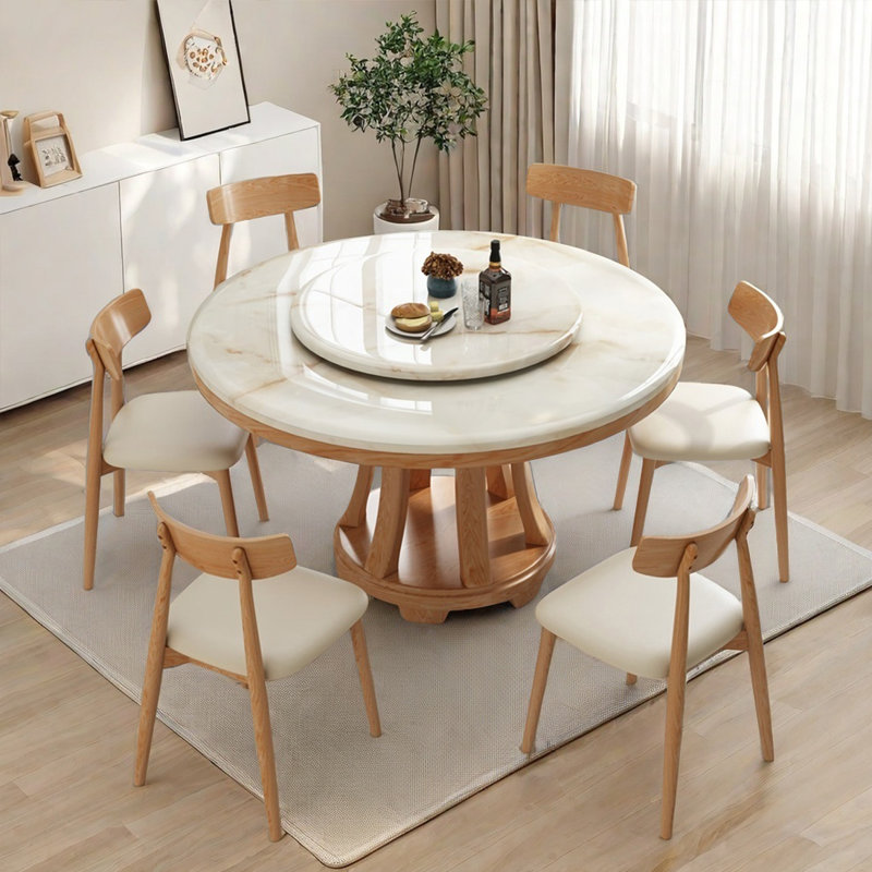 Simple Wood Artificial Marble Dining Table Sets., 7 Pieces: Table, 6 Chairs, 30.3"H x 53.1"L x 53.1"W