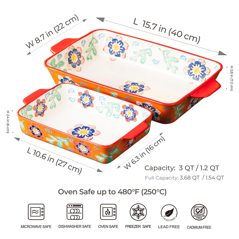 Rectangular Ceramic Baking Dish Set, 2 Pack (Warm Designed Orange)