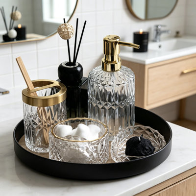 Ensemble d'accessoires de salle de bain en verre 6 pièces de qualité supérieure avec distributeur de savon, porte-brosse à dents, gobelet, porte-savon et pot de coton-tige pour un décor moderne et rétro