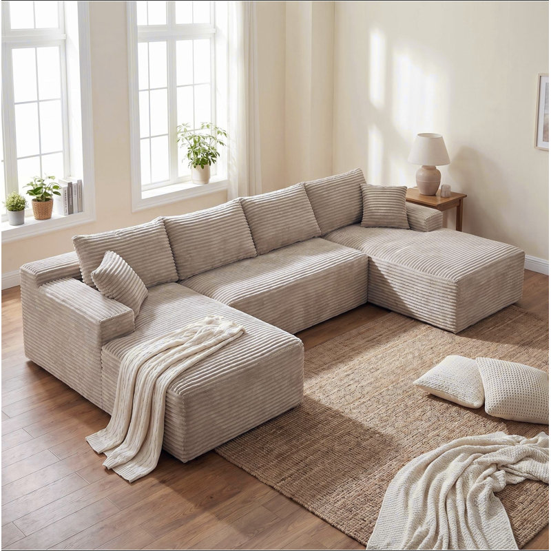 Ensemble de canapé modulaire compressible en forme de U 132,1 po, canapé modulaire de style minimaliste, canapé nuage en velours côtelé pour le salon
