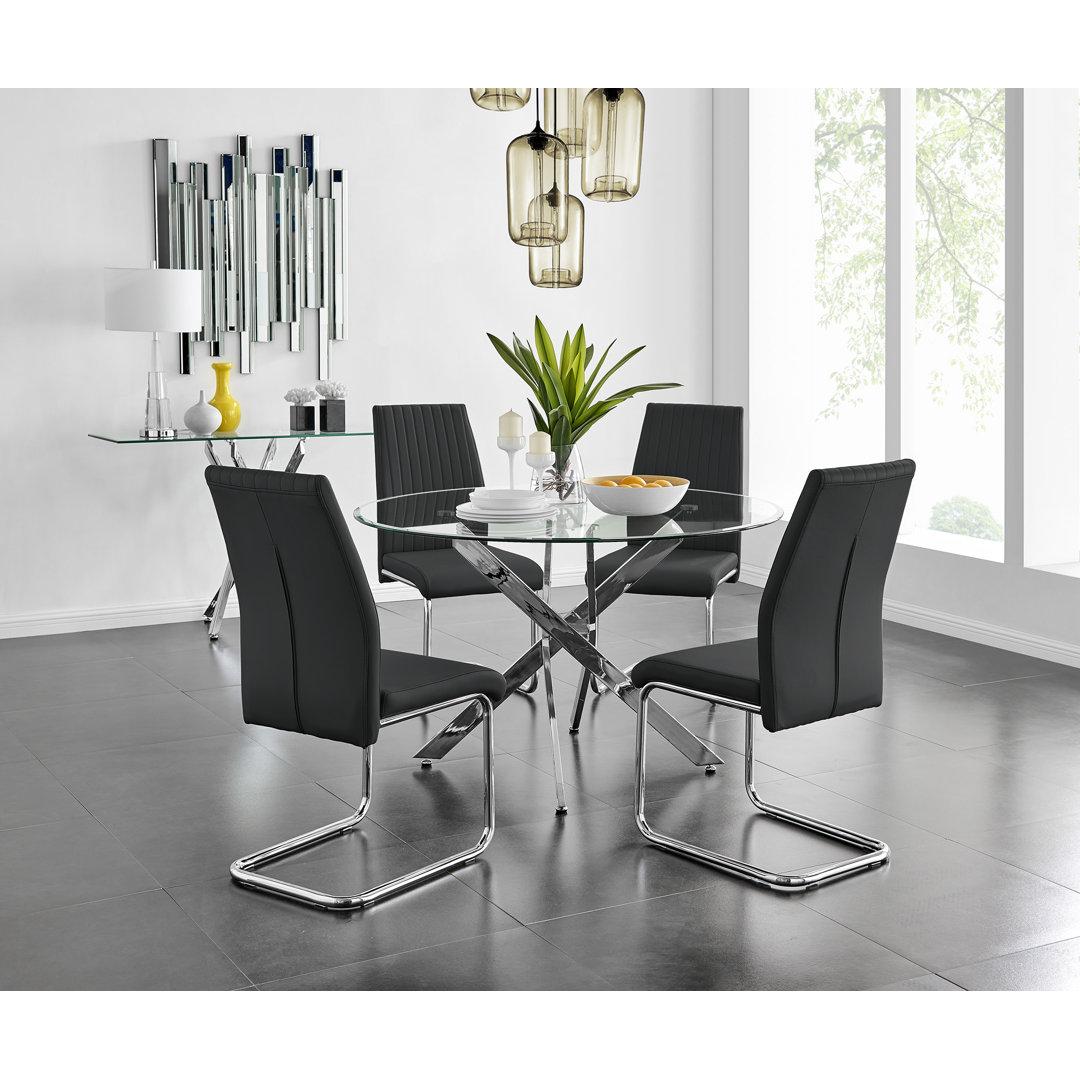 Tierra Sleek Metal and Glass Round Dining Table Set with 6 Faux Leather Upholstered Dining Chairs East Urban Home Chair 