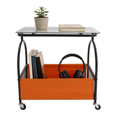 Rolling Side Table Tempered Glass Top End Table 2 Tier Sofa Side Table with Storage Basket & Lockable Wheels for Living Room Bedroom Kitchen(Black+Tawny+Grey)