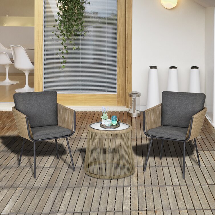 Bay Isle Home™ 3 PCS Webbed Wicker Rattan Patio Furniture Conversation Bistro Set 2 Chairs 1 Coffee Table W/ Metal Legs For Garden, Backyard, Deck