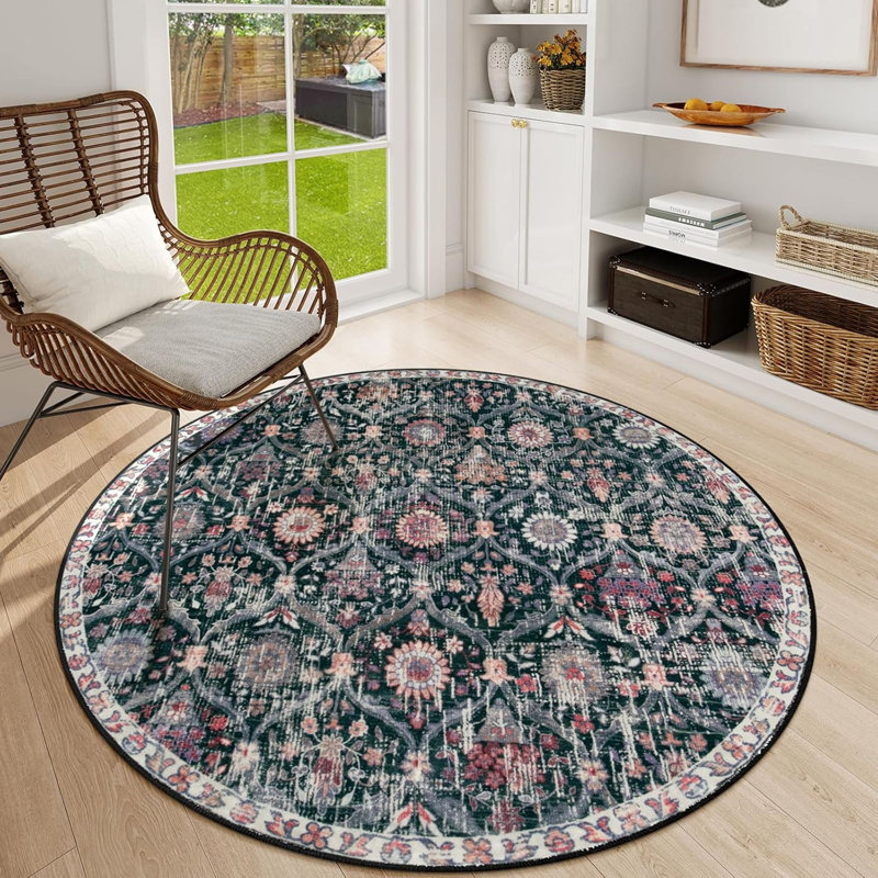 Tapis marocain rond à motif treillis marocain, petit tapis rond lavable antidérapant de 3 pieds, tapis rond ultra-fin doux pour la salle de bain, la cuisine, le vestibule, noir / multicolore