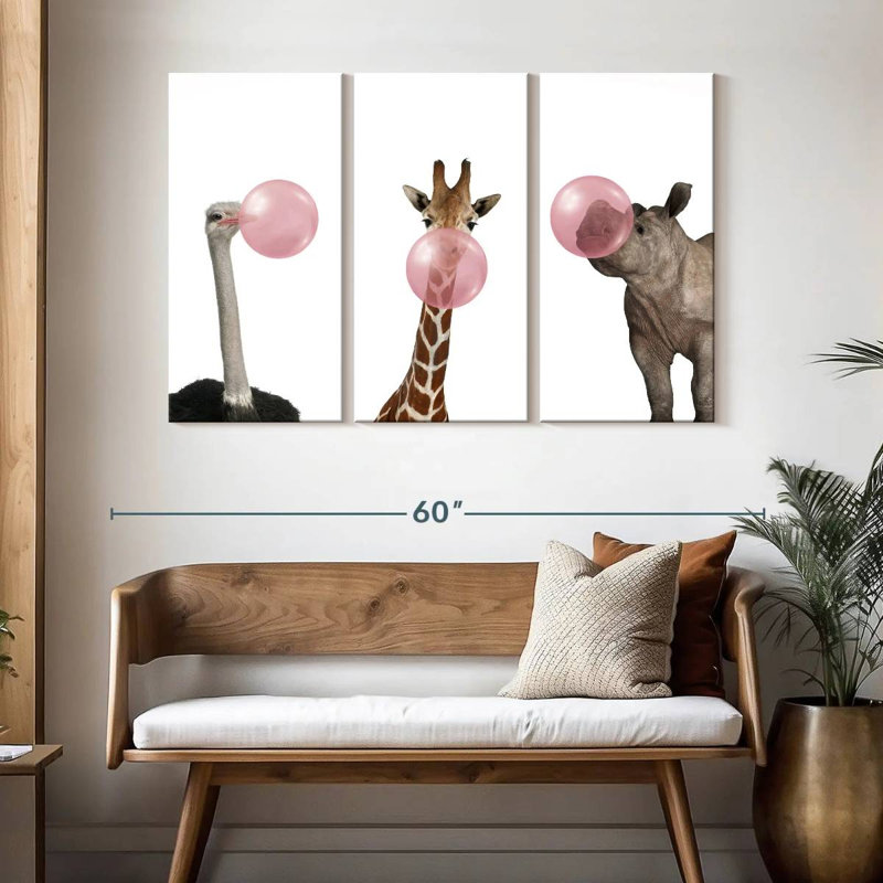 Ensemble de 3 animaux rigolos sur toile, H 32 po x l 50 po