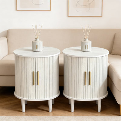 Mid-Century Modern Nightstand Set Of 2 With Built-In Charging Station, Sliding Door & Adjustable Shelf, Fluted Accent Side Tables For Bedroom And Living Room
