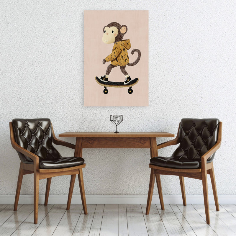 Cute Monkey Skater Playful Contemporary Monkey Wall Art Print by Mathieu - Wrapped Canvas Print, 91.44cm H x 60.96cm W