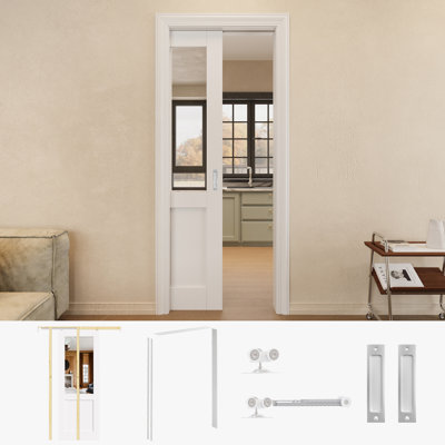 Porte de garde-robe coulissante à miroir 28 po x 80 po avec quincaillerie argentée et cadre de porte blanc