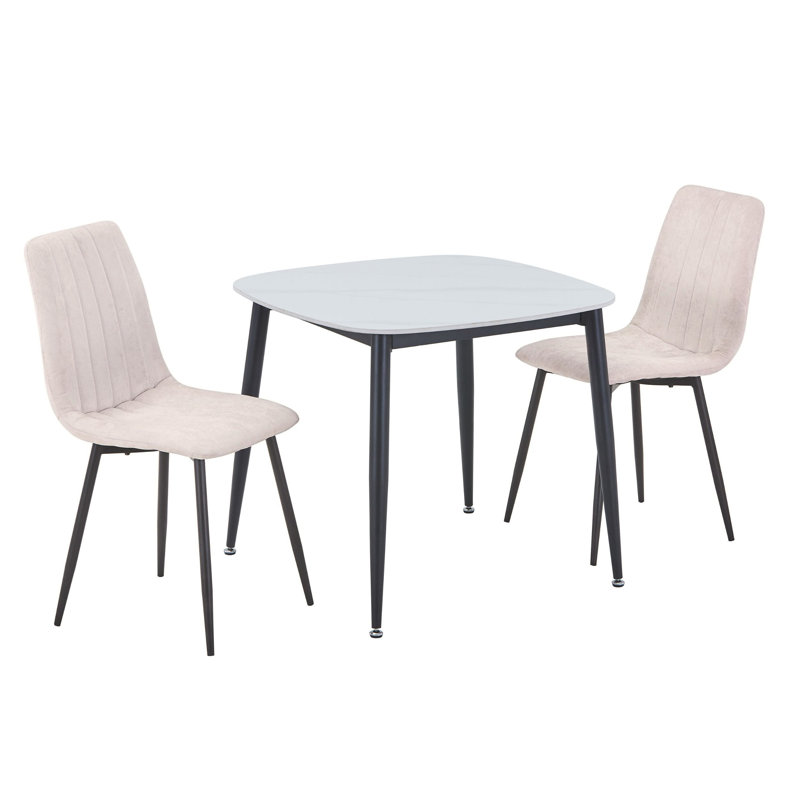 Aspen Sintered Stone Square Table with 2 Straight Stitch Upholstered Fabric Chairs - Modern Dining Set, Natural