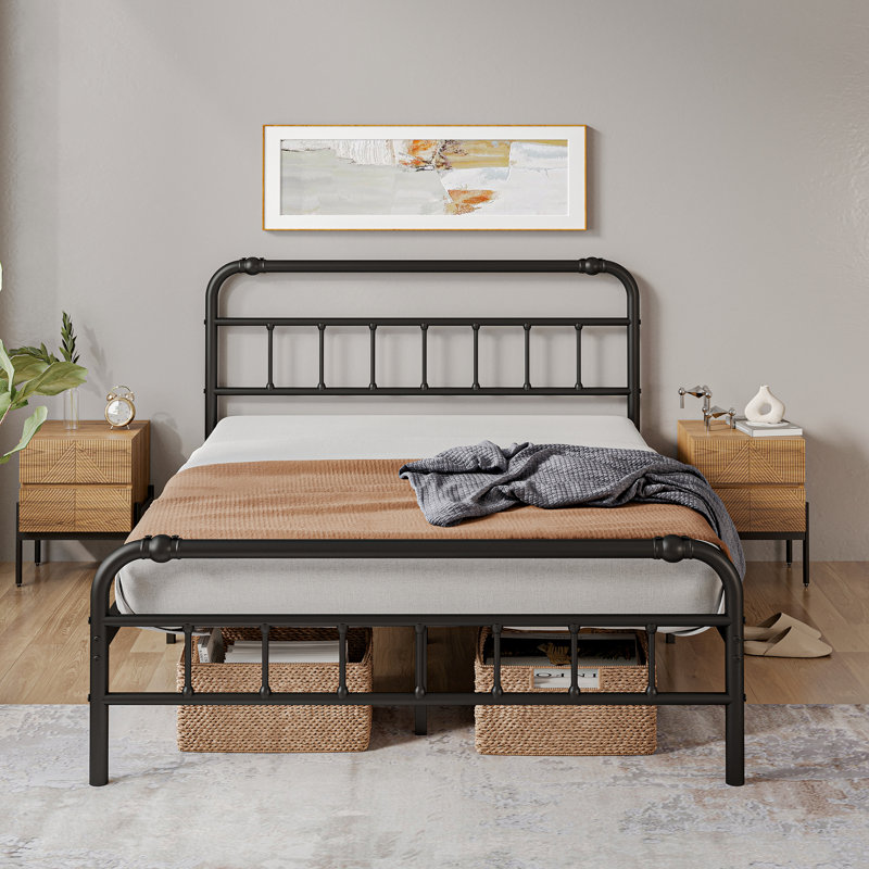 Amylia  Anti-Sway Heavy Duty 14” Metal Iron Bed Frame - Noise-Free Platform Bed with Headboard & Footboard, Artistic Steel Pipe Molding, Non-Slip, No Box Spring Needed, Queen Size for Master Bedroom/Shared Space