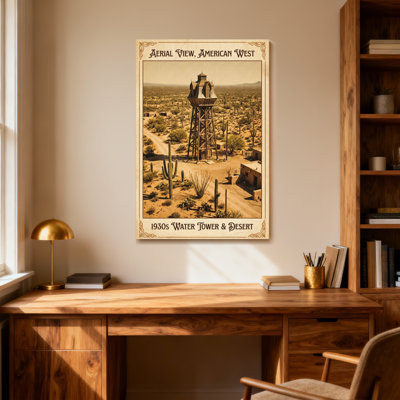 Fashion Aerial View American West Water Tower Desert Landscape Vintage Style Print