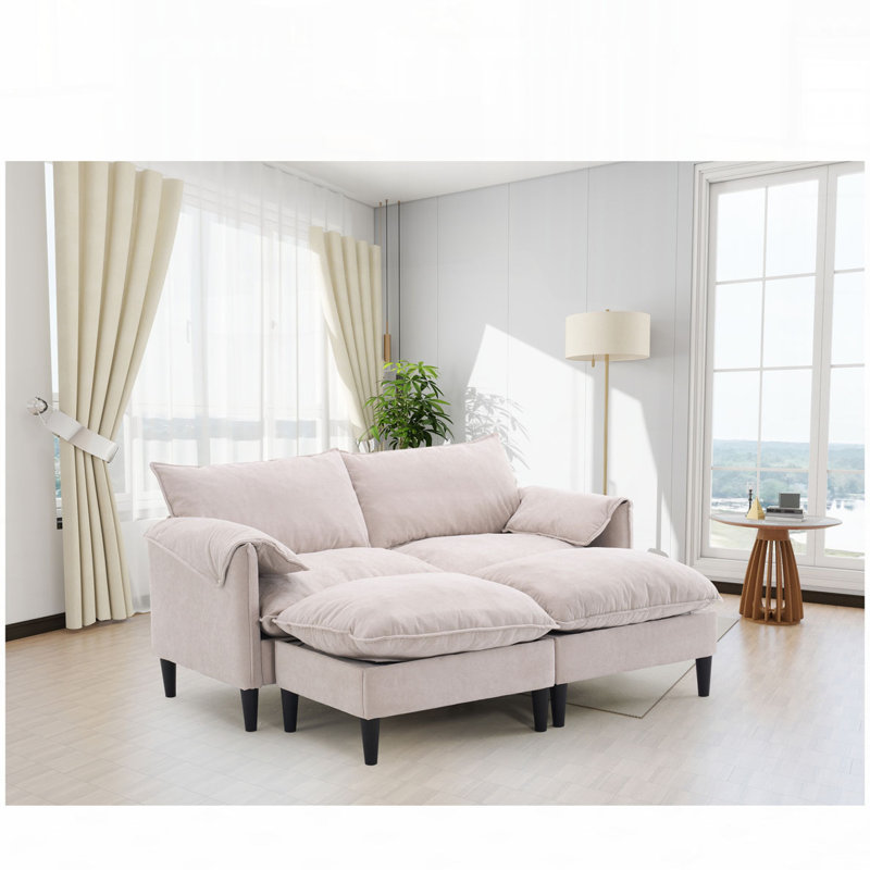 Canapé convertible 2 places avec repose-pieds Kian, Tissu beige