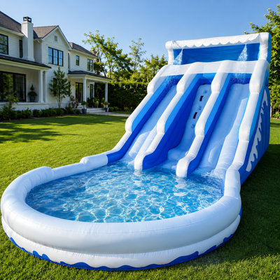 Grande glissade d'eau gonflable de 20,6 pi avec glissades doubles, piscine et souffleur, parc aquatique d'été pour enfants, bleu