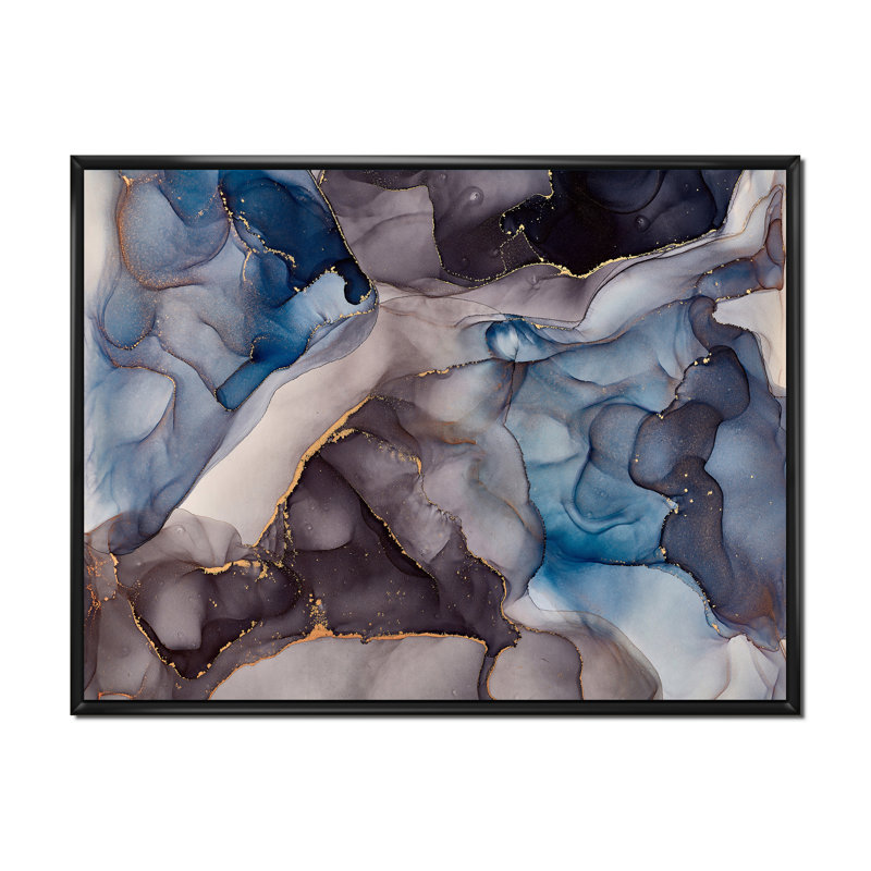Fluide abstrait gris et bleu - Peinture sur toile, H 34 po x l 44 po x P 1,5 po, Cadre flottant noir