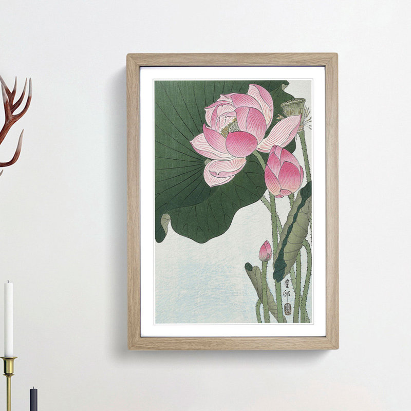 Pink Lotus Flower by Ohara Koson - Framed Print, 48cm H x 36cm W x 2cm D, Oak Framed