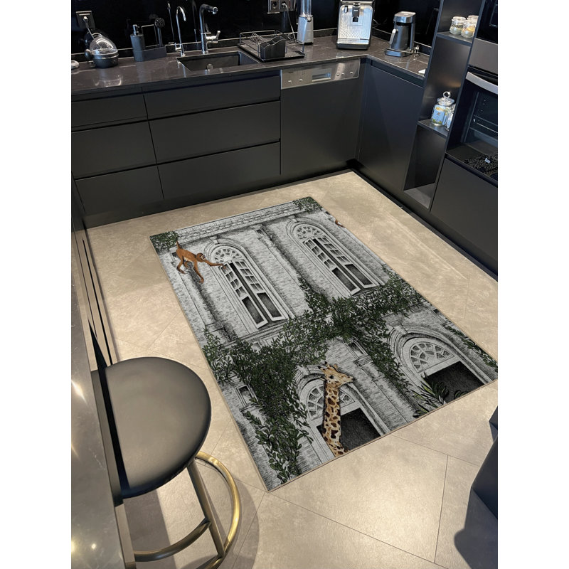 Tapis décoratif moderne à motif de singe et de girafe à thème zoo, Rectangle 4 pi 7 po x 6 pi 6 po