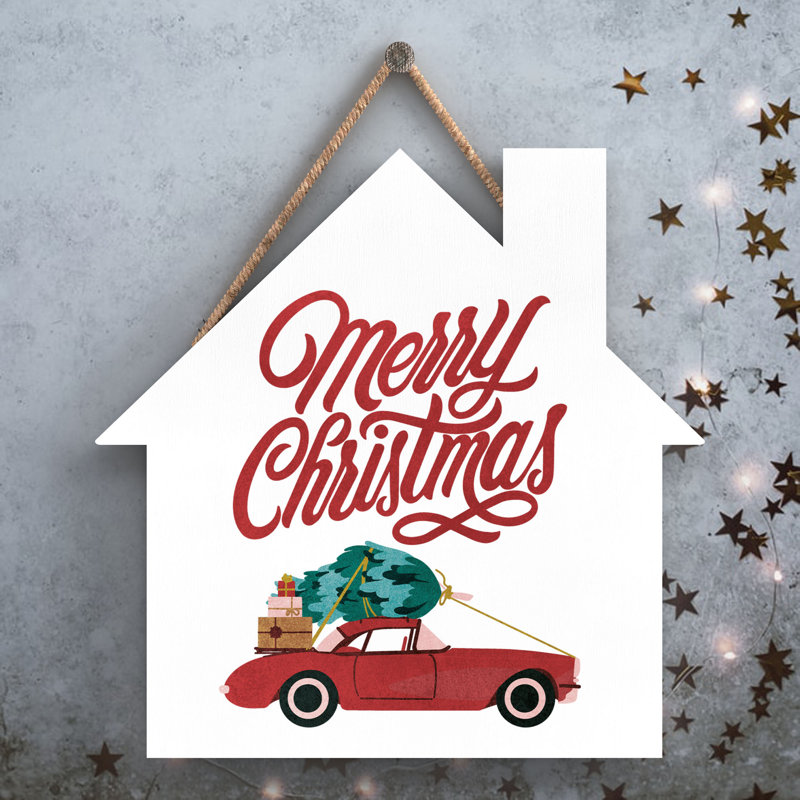 Xmas Merry Christmas Car Wooden House Plaque, 9.9cm H x 9.9cm W x 0.5cm D