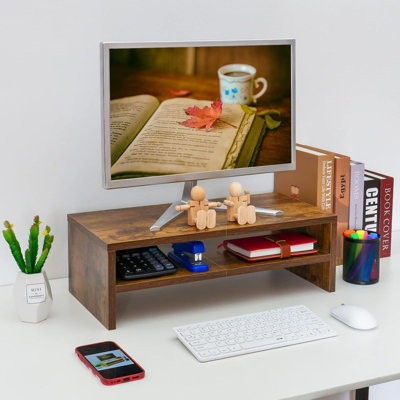 2-Tier Wood Desktop Monitor Riser Organizer Stand, Storage Shelf Holds Monitor Laptop Printer Keyboard, Practical Desk Accessories For Home Office Workspace
