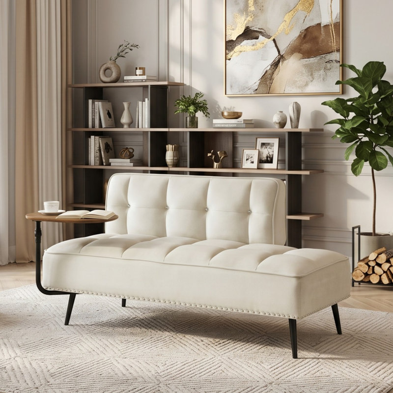 Canapé 2 places moderne en velours avec table d'appoint pivotante à 360° et finitions cloutées., Beige