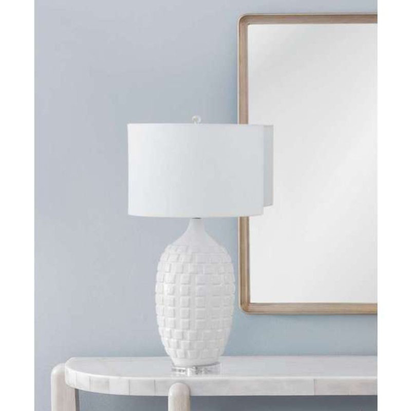 Sesser White Ceramic Table Lamp with Square Pattern & Drum Shade
