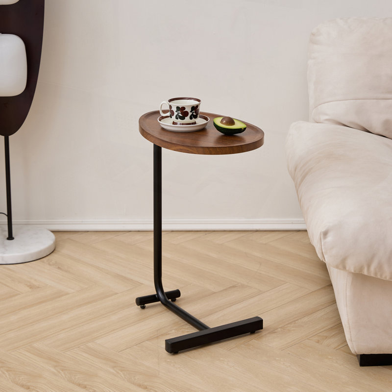Modern 2-pieces Oval C-Shaped Side Tables with Raised Tray Top and Metal Base, Brown Top/Black Base