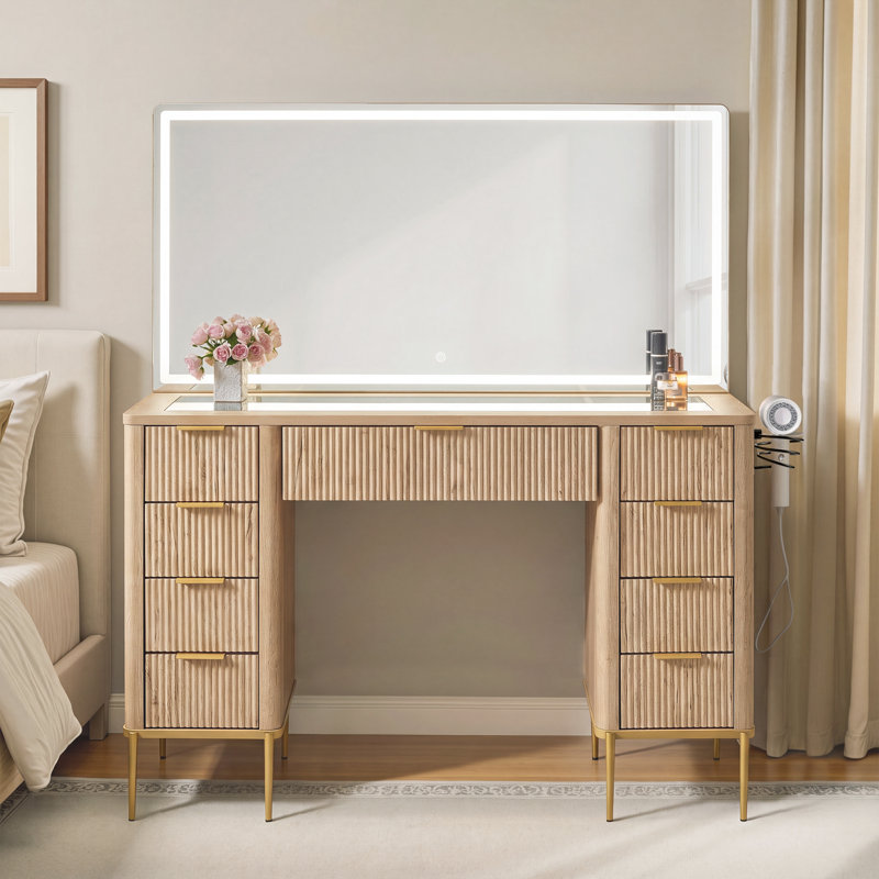 48" Modern Makeup Vanity Desk With Mirror And Lights, Makeup Vanity With 9 Drawers With Power Outlet,Adjustable Lighting Dressing Table For Bedroom