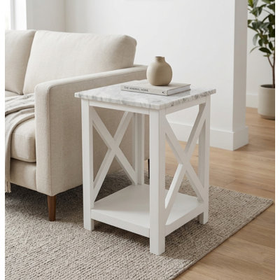 Elena 15.8" Square Italian Carrara White Marble End Table With White Color Solid Wood Legs
