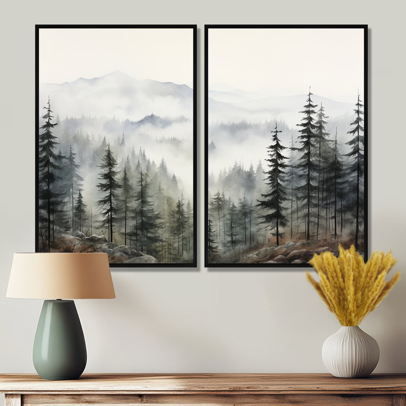 Pin, Misty Mountain II - art mural vert, 36" H x 48" W, Reproduction encadrée sans passe-partout, Noir