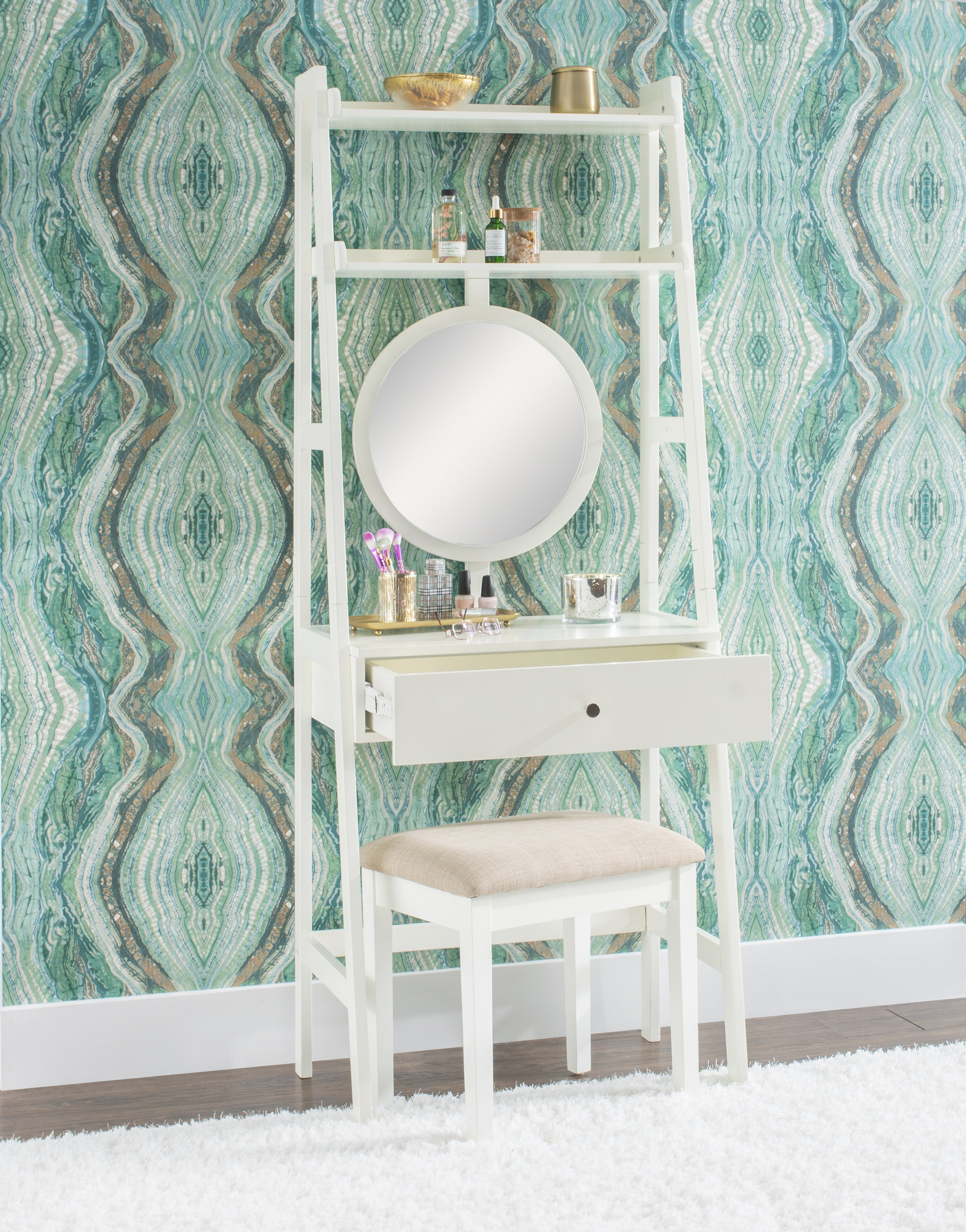 Wade Logan® Amrico Makeup Vanity With Fixed Mirror and Upholstered Stool &  Reviews | Wayfair