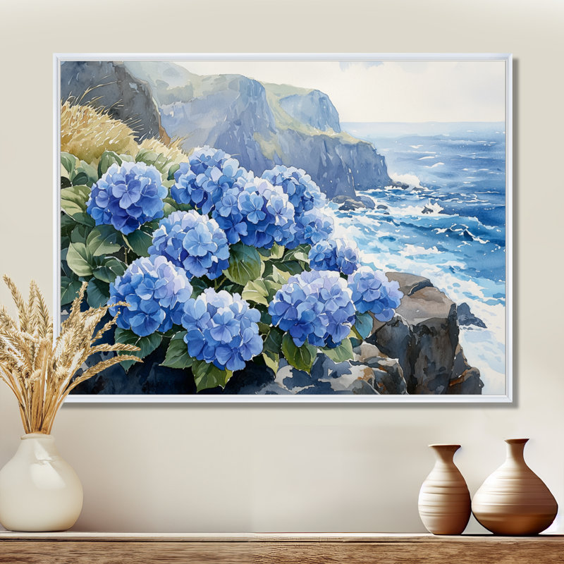 Hydrangeas By The Seaside Cliff I - Hydrangea Canvas Prints, 30" H x 40" W, Floater Framed Print, White