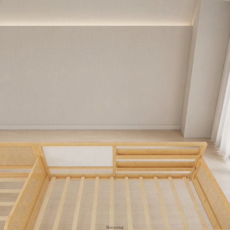 Cadre de lit simple en forme de L pour 2 enfants, lits convertibles détachables avec tableaux blancs, lit pour enfants en rotin avec bibliothèques et lumières, naturel