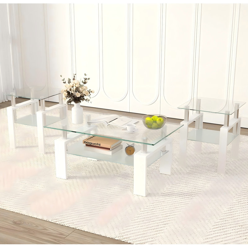 Ensemble de table de salon 3 pièces avec plateau en verre, pieds en métal et 2 tablettes de rangement Esbeidy, comprenant 1 table basse et 2 tables de bout