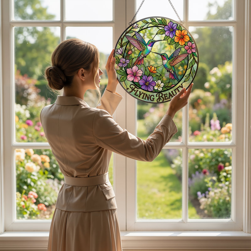 Vitrail de fenêtre en bois coloré 7,8 "Hummingbird, H 7,8 po x l 7,8 po