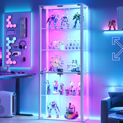 Modern Tall Glass Display Cabinet with App-Controlled RGB Lighting & Lock - LED Curio Shelf for Collectibles & Books