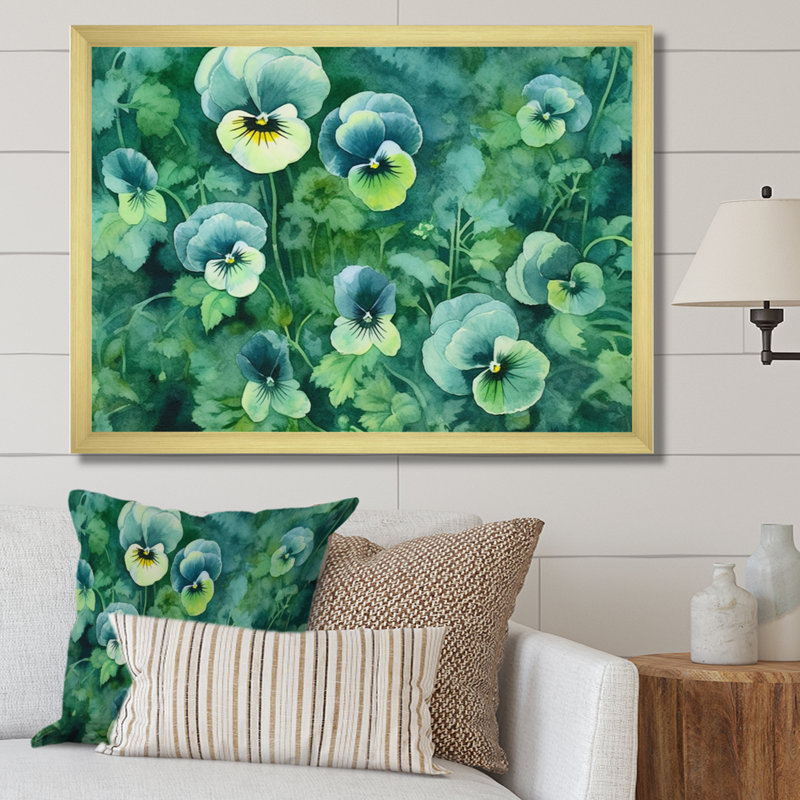 «Green Teal Pansies Harmony», reproduction sur toile, H 30 po x l 40 po x P 1,5 po, Cadre doré à une seule photo