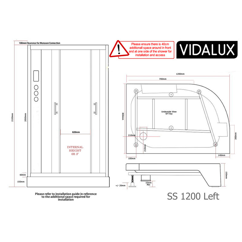 Vidalux SS1200 Left Hand Offset Steam Shower 1200 x 800, White