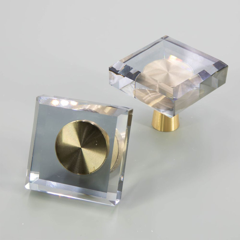 1 3/16" Square Clear Glass Knob, Brushed Brass/Black