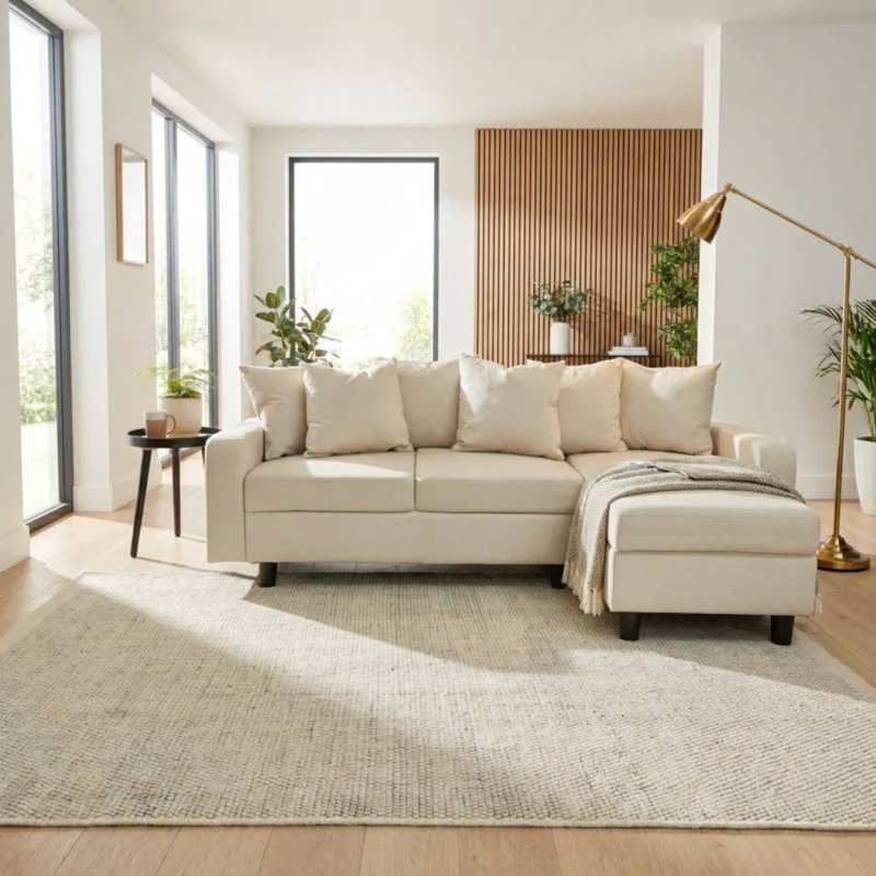 Mitzi 3 Seater Velvet Corner Sectional, Cream Linen