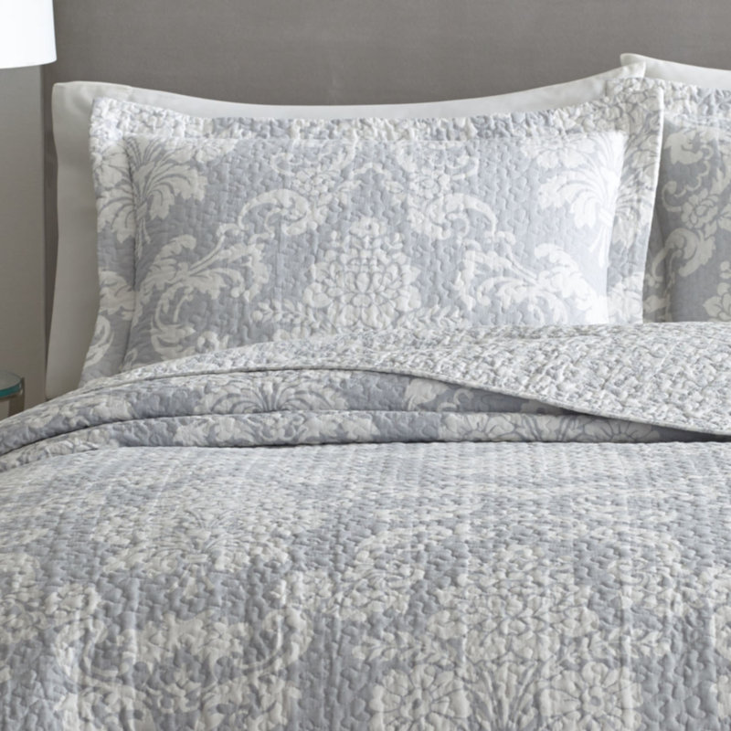Gray Twin Cotton Reversible Quilt Set with Floral Pattern