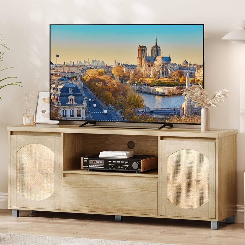 Fluted TV Stand For 65 Inch TV, Entertainment Center With Storage Drawer, Beige