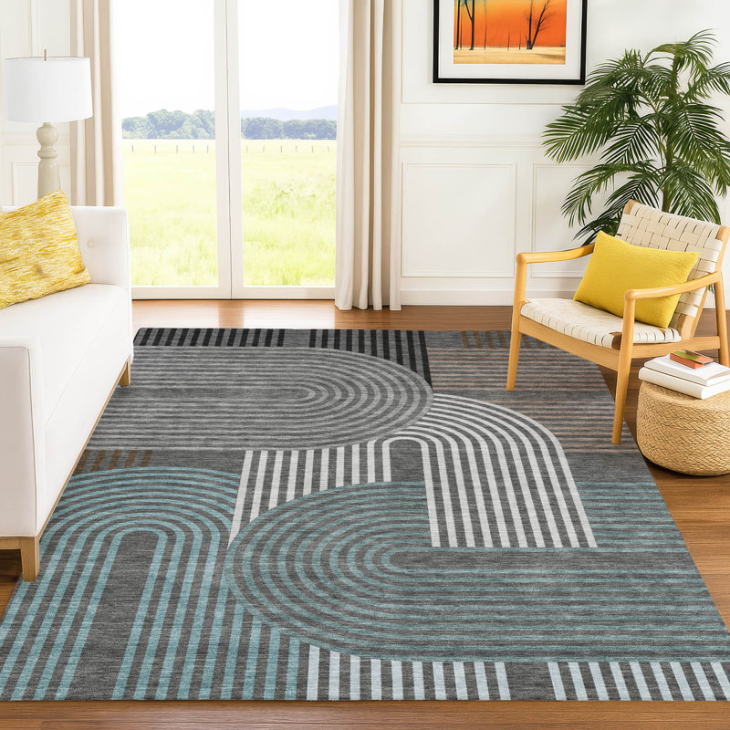 Tapis mid-century moderne lavable à la machine intérieur / extérieur Chantille ACN2549, Gris anthracite