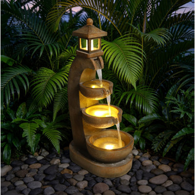 Fontaine d'extérieur à 4 niveaux avec lanterne en résine en cascade et lumières DEL