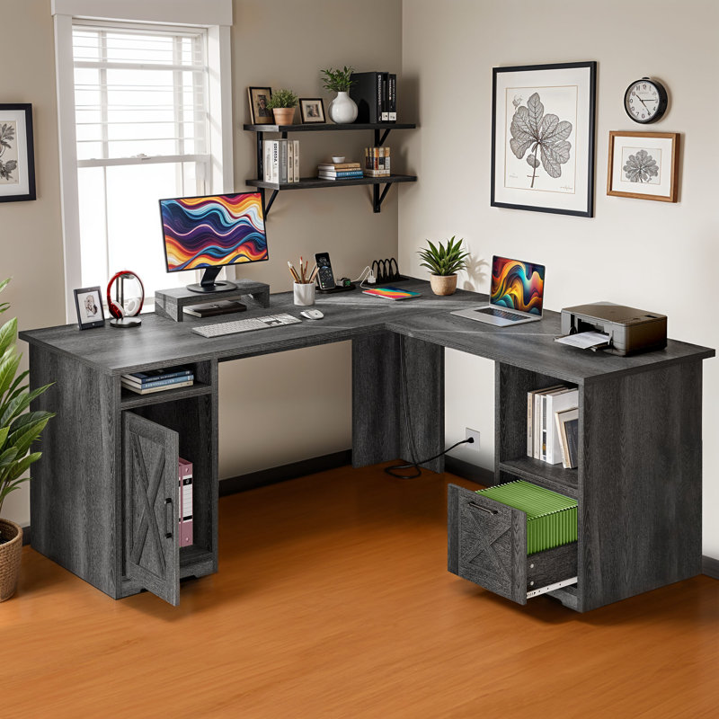 Aimaan L-Shaped Computer Desk with Power Outlet, Charcoal Gray
