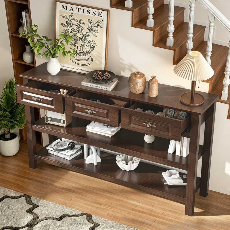 Console Hagberg 63 po avec 3 tiroirs en bois et tablette de rangement, Espresso